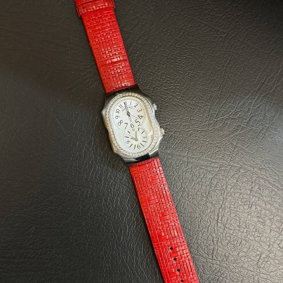 philip stein signature watch MOP dial diamond bezel red wicker strap main image 6